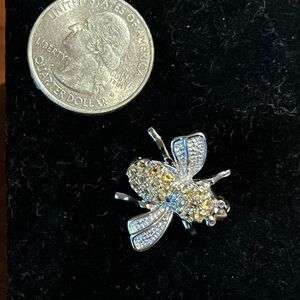 Silver 925 Honey Bee Mini Brooch White and Yellow Crystals Stamped 925
